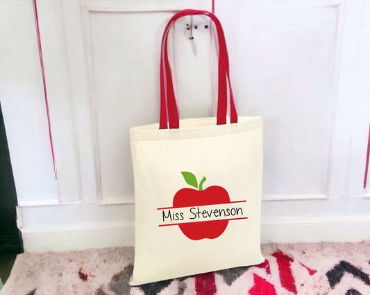  Personalised Teacher Apple Contrast Handle Tote Bag image 0