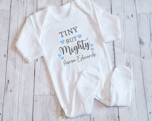 Tiny But Mighty Personalised Baby Bodysuit Miracle Newborn Vest Gift For Parents to be Baby Coming Home Outfit