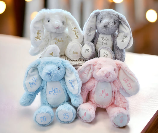 Personalised Bunny Rabbit Cuddly Toy New Baby Gift Soft Plush Grey Cream White Custom Newborn Present Children's Girl Boy Easter