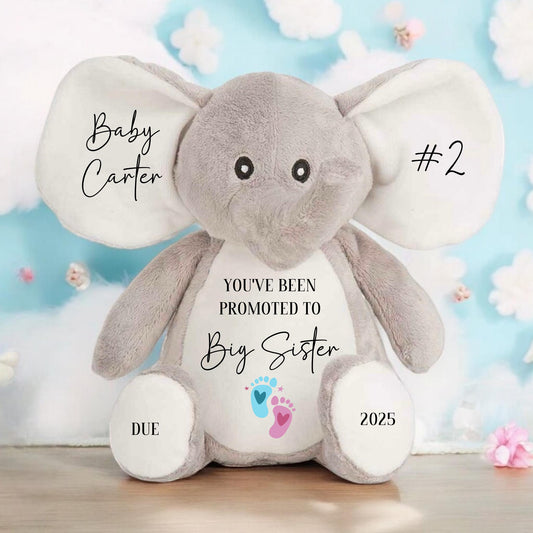 Personalised Pregnancy Announcement Gift Elephant Soft Toy Big Brother or Sister Sibling Reveal Small 23cm Large 40cm
