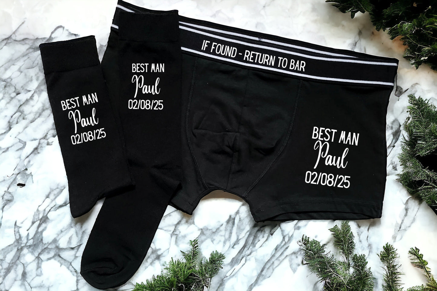 Personalised Wedding Boxers and Socks Groom Best Man Usher Father of the Bride Wedding Day Gift Men's Present Customised Name and Date Role