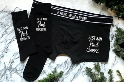 Personalised Wedding Boxers and Socks Groom Best Man Usher Father of the Bride Wedding Day Gift Men's Present Customised Name and Date Role