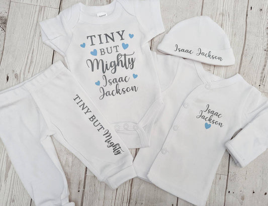 Personalised Preemie Coming Home Outfit Tiny But Mighty Premature Baby Newborn Gift Hat Bodysuit Top Trousers Set 3-5lb White Cotton