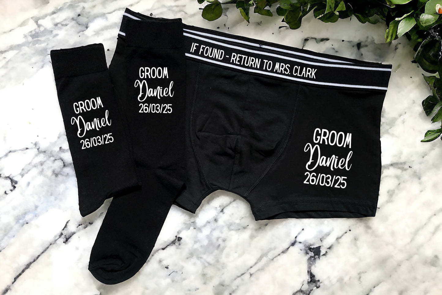 Personalised Wedding Boxers and Socks Groom Best Man Usher Father of the Bride Wedding Day Gift Men's Present Customised Name and Date Role