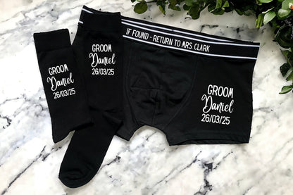 Personalised Wedding Boxers and Socks Groom Best Man Usher Father of the Bride Wedding Day Gift Men's Present Customised Name and Date Role