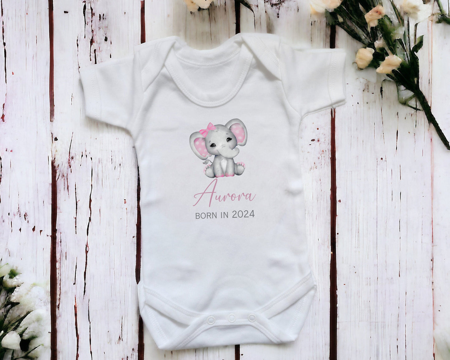 Personalised Baby Elephant Sleepsuit, Bodysuit or Bib