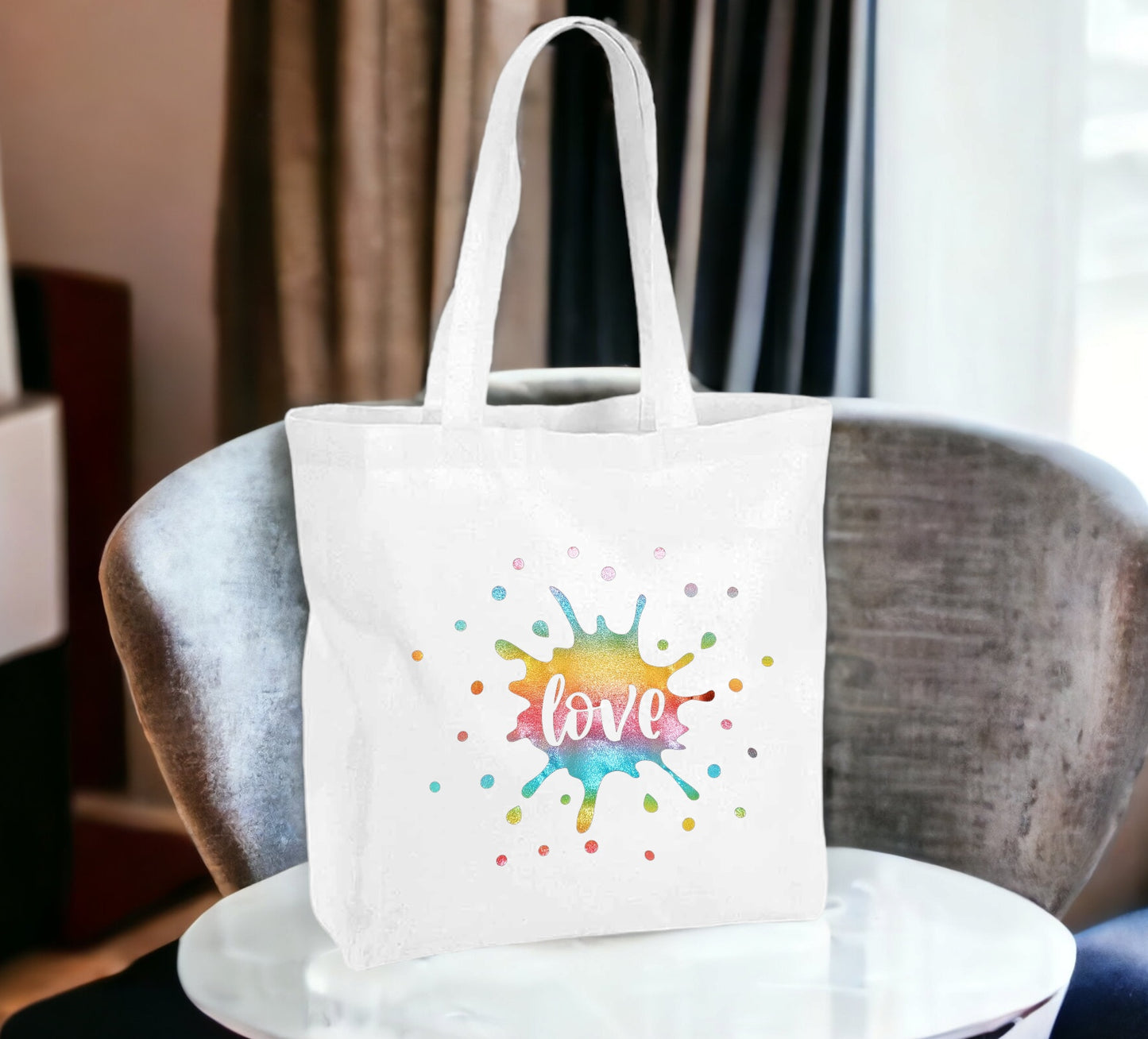 Love rainbow shimmer splash large tote bag image 1