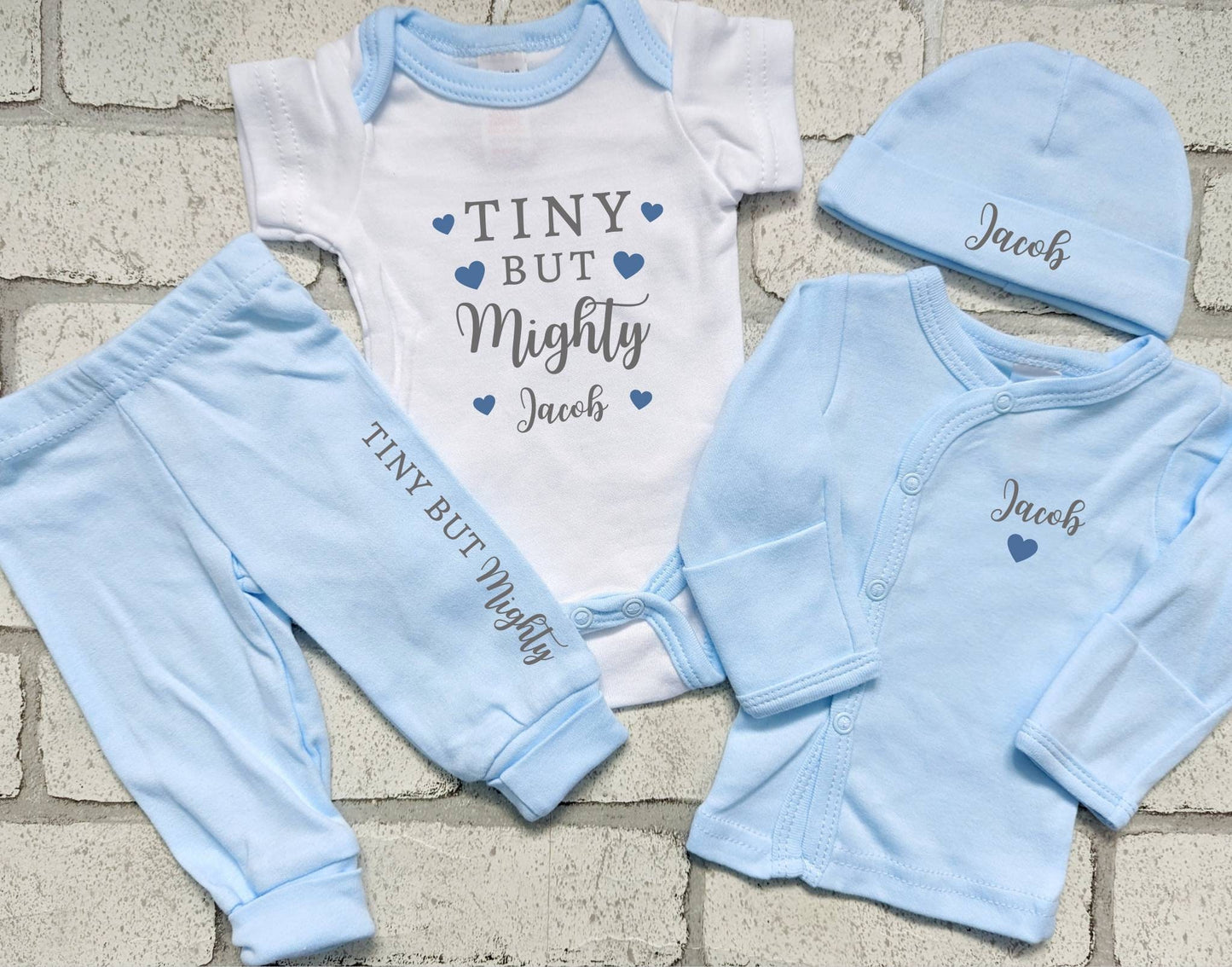 Personalised Preemie Coming Home Outfit Tiny But Mighty Premature Baby Newborn Gift Hat Bodysuit Top Trousers Set Blue White 3-5lb Cotton