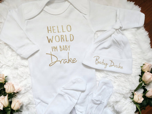 Personalised New Baby Outfit Hello World I am Surname Name Unisex Sleepsuit Hat Set Gift I'm Here Coming Home Romper Bodysuit Newborn Cotton