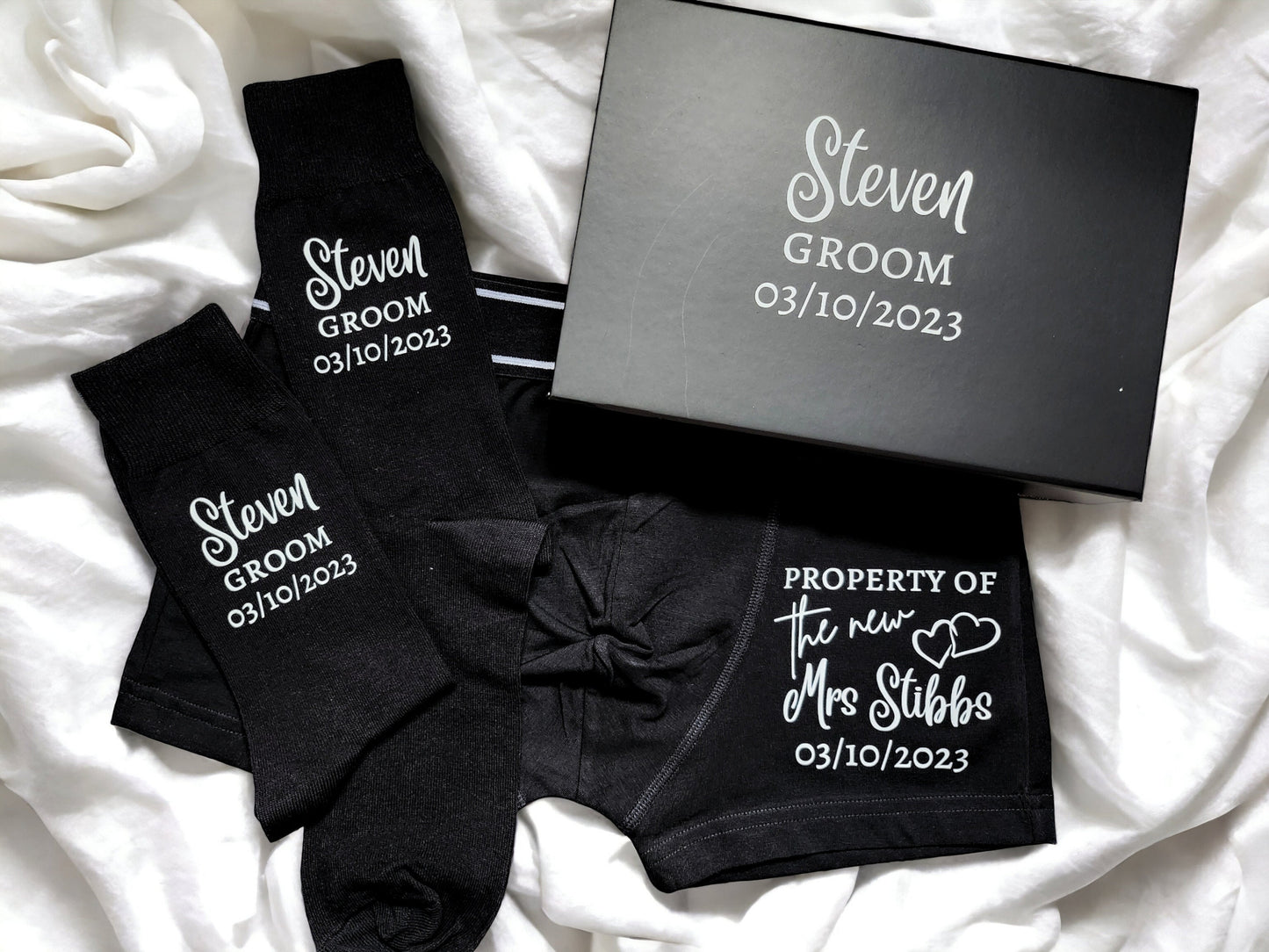 Personalised Groom Boxers and Socks in Box or Bag