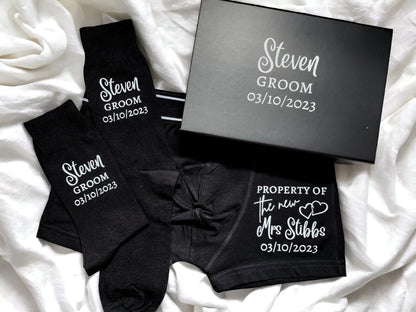 Personalised Groom Boxers and Socks in Box or Bag