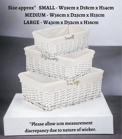 Personalised Baby Storage Basket White Wicker Cotton Liner Gift Nursery Decor Organiser Boy Girl Neutral Gift Hamper box Choice of Sizes