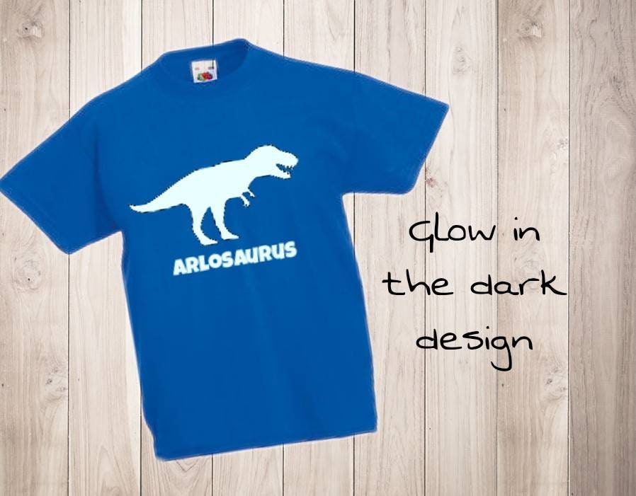 Personalised Dinosaur T Shirt Glow In the Dark T Rex Name Saurus Dino Tyrannosaurus Boys Girls Top Birthday Gift Cotton Tee