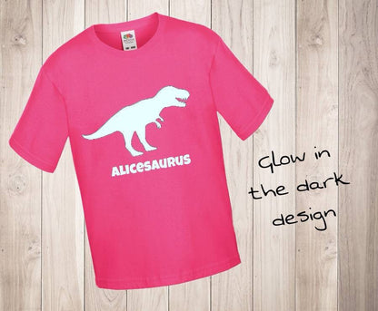 Personalised Dinosaur T Shirt Glow In the Dark T Rex Name Saurus Dino Tyrannosaurus Boys Girls Top Birthday Gift Cotton Tee