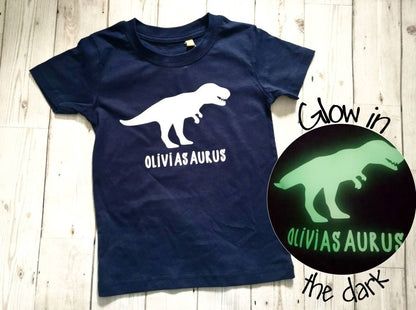 Personalised Dinosaur T Shirt Glow In the Dark T Rex Name Saurus Dino Tyrannosaurus Boys Girls Top Birthday Gift Cotton Tee