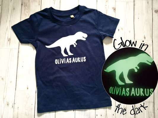 Personalised Dinosaur T Shirt Glow In the Dark T Rex Name Saurus Dino Tyrannosaurus Boys Girls Top Birthday Gift Cotton Tee