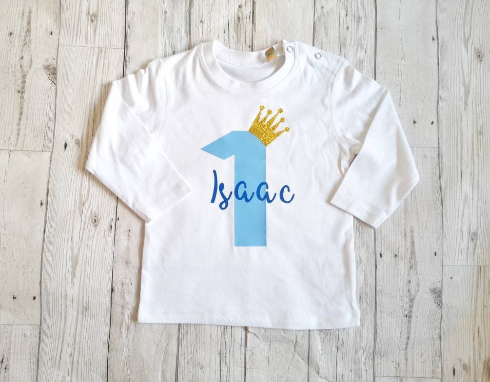 Personalised First Birthday T Shirt Long Sleeve Top One Today Name Nickname Boy Blue Gift Glitter Crown Number Text Colour Choice Cake Smash