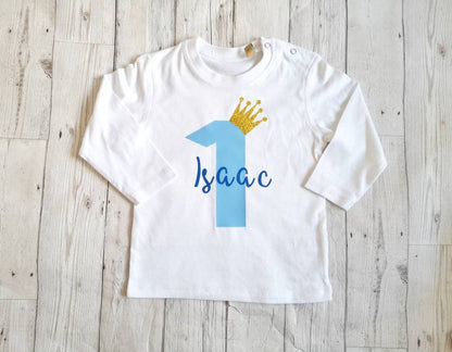 Personalised First Birthday T Shirt Long Sleeve Top One Today Name Nickname Boy Blue Gift Glitter Crown Number Text Colour Choice Cake Smash