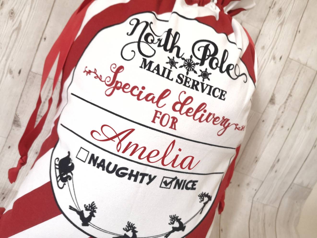 Personalised Christmas Sack Santa Stocking Candy Cane Bag Custom Present Sack 45cm x 60cm