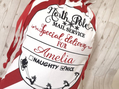 Personalised Christmas Sack Santa Stocking Candy Cane Bag Custom Present Sack 45cm x 60cm
