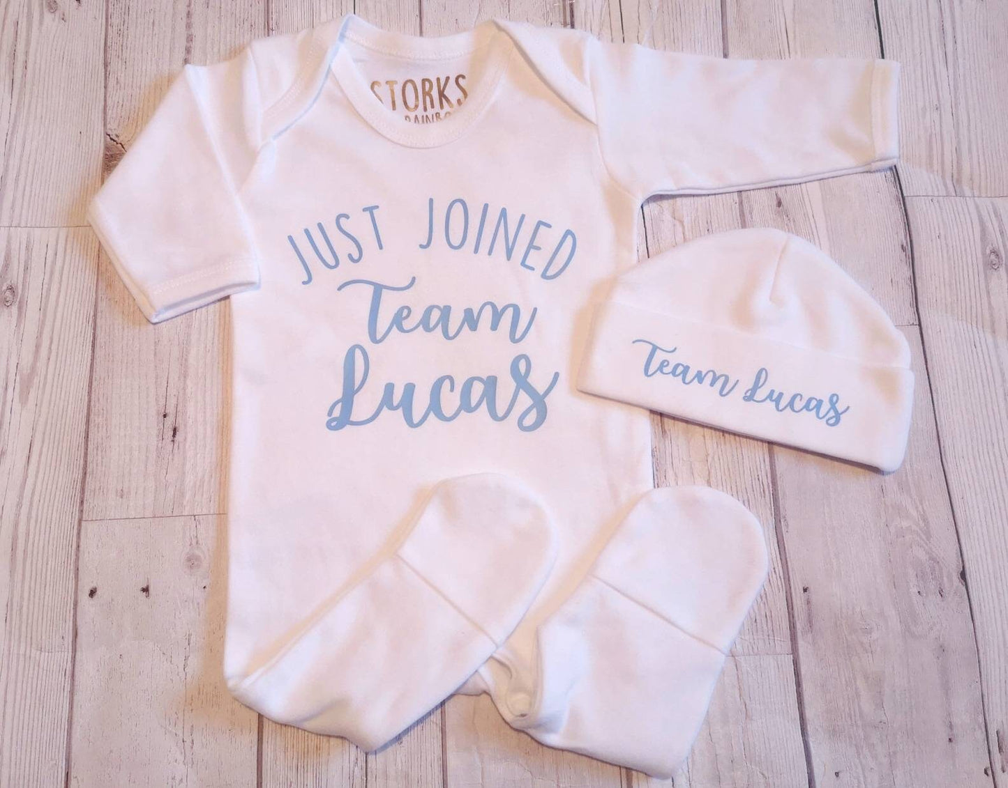 Personalised New Baby Gift First Outfit Just Joined Team Surname Unisex Clothes Sleepsuit Hat Set Boy Girl Coming Home Romper Newborn Cotton