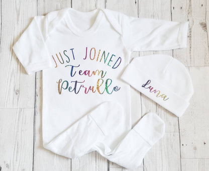 Personalised New Baby Gift First Outfit Just Joined Team Surname Unisex Clothes Sleepsuit Hat Set Boy Girl Coming Home Romper Newborn Cotton