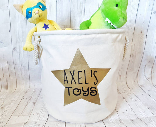 Personalised Toy Storage Bag Basket Cotton Jute Customised Child's Name Star Large Medium Small Toy Box Case Teddy Tidy Organiser Toy Sack
