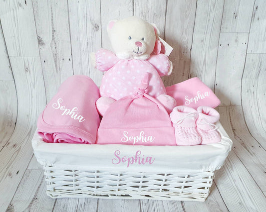 Personalised Baby Girl Gift Basket: Pink Blanket, Hat, Booties & Bear