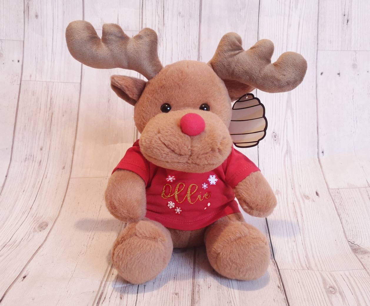 Reindeer Personalised Soft Toy CE Tested Christmas Tshirt Name Rudolff Plush Gift Baby First Xmas Child Cuddly Teddy Stocking Filler 30cm