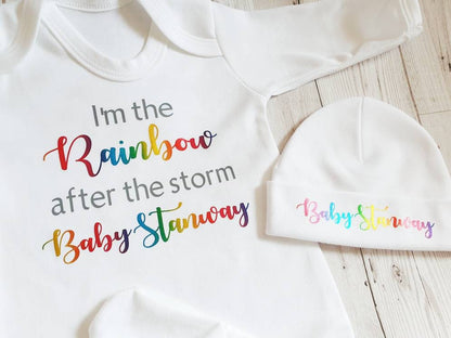 Personalised Newborn Outfit Rainbow After The Storm New Baby Surname Sleepsuit Hat Set Gift Unisex Coming Home Romper Bodysuit