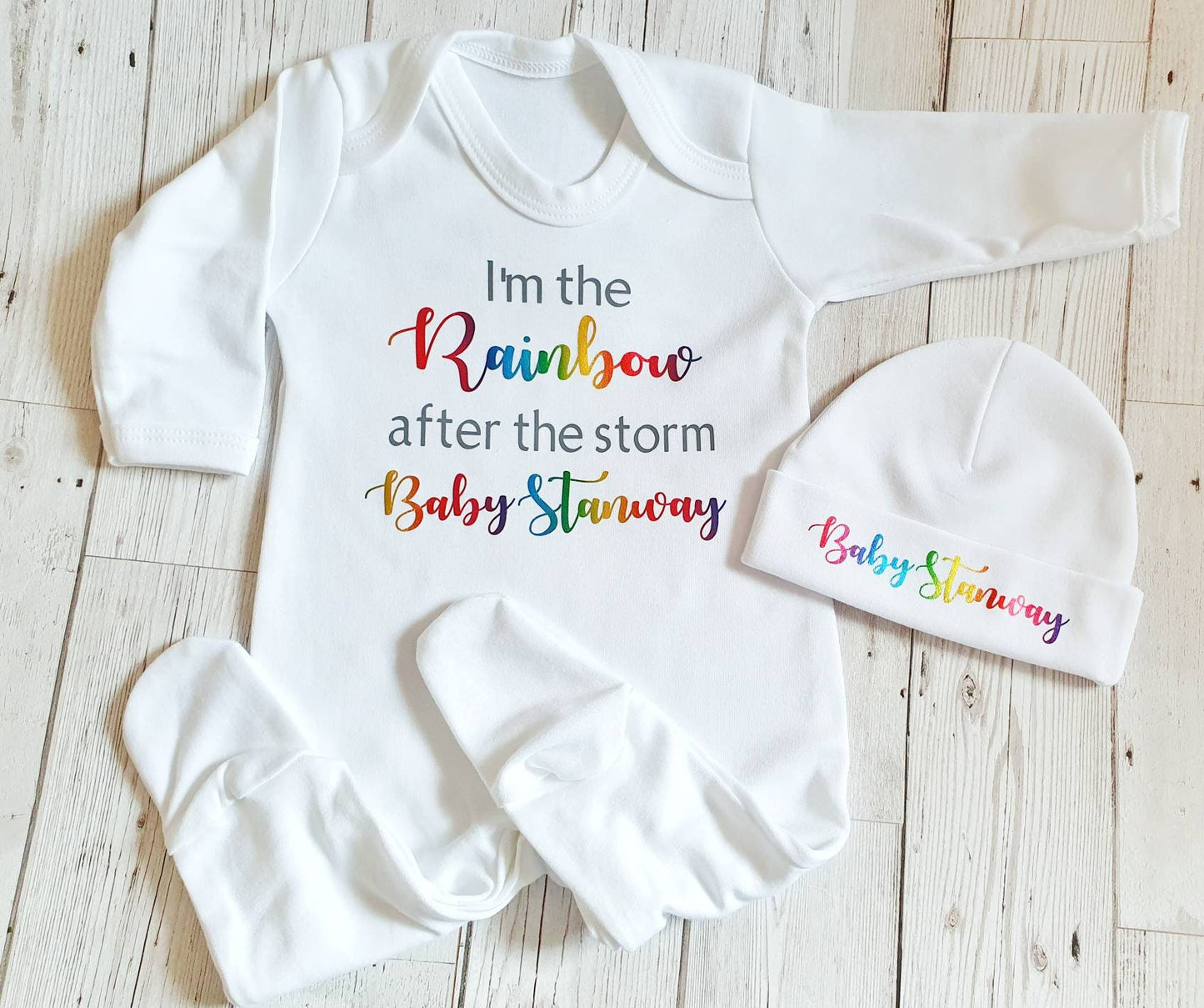 Personalised Newborn Outfit Rainbow After The Storm New Baby Surname Sleepsuit Hat Set Gift Unisex Coming Home Romper Bodysuit