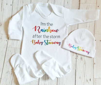 Personalised Newborn Outfit Rainbow After The Storm New Baby Surname Sleepsuit Hat Set Gift Unisex Coming Home Romper Bodysuit