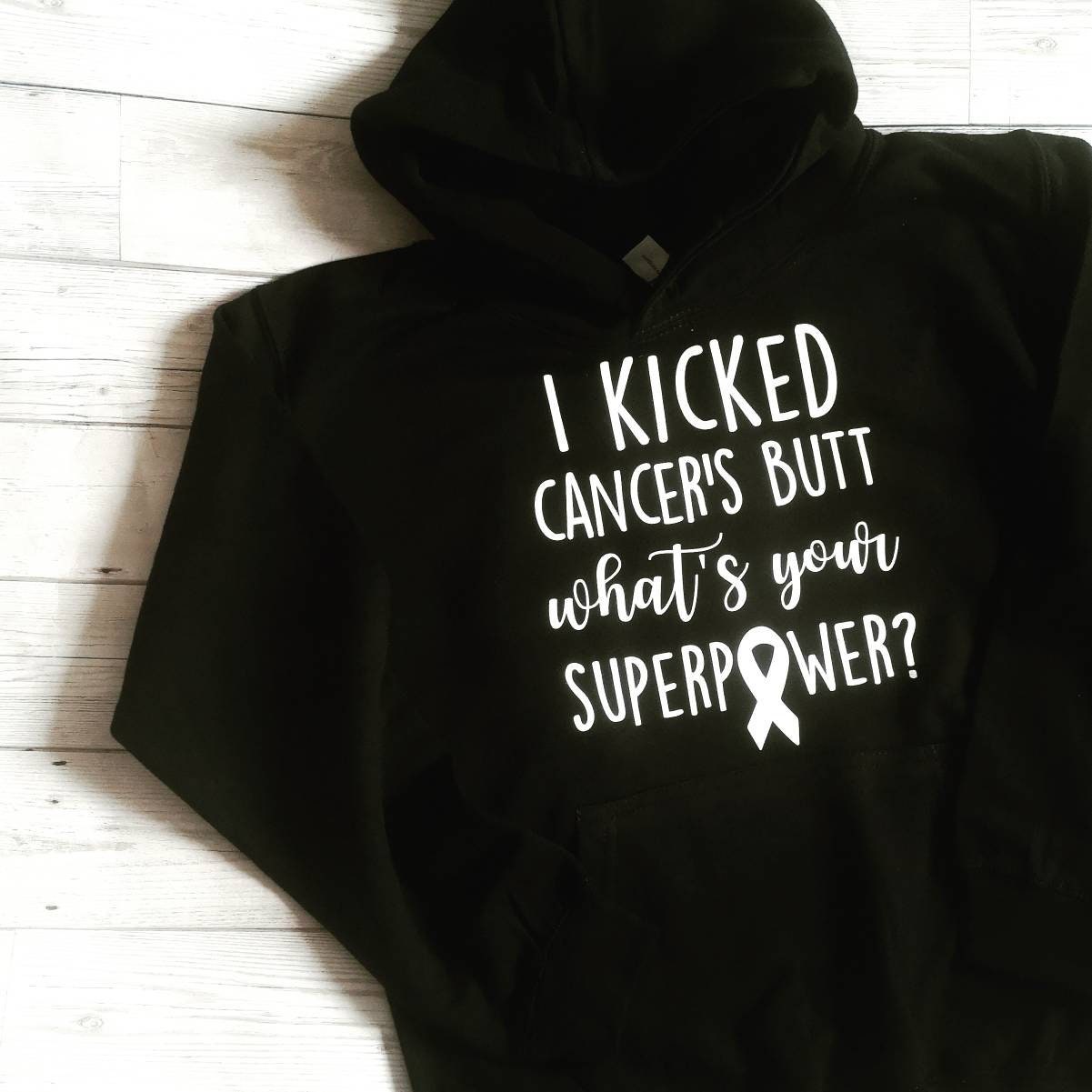 Personalised 'I Kicked Cancer's Butt' Hoodie - Ribbon Clothing
