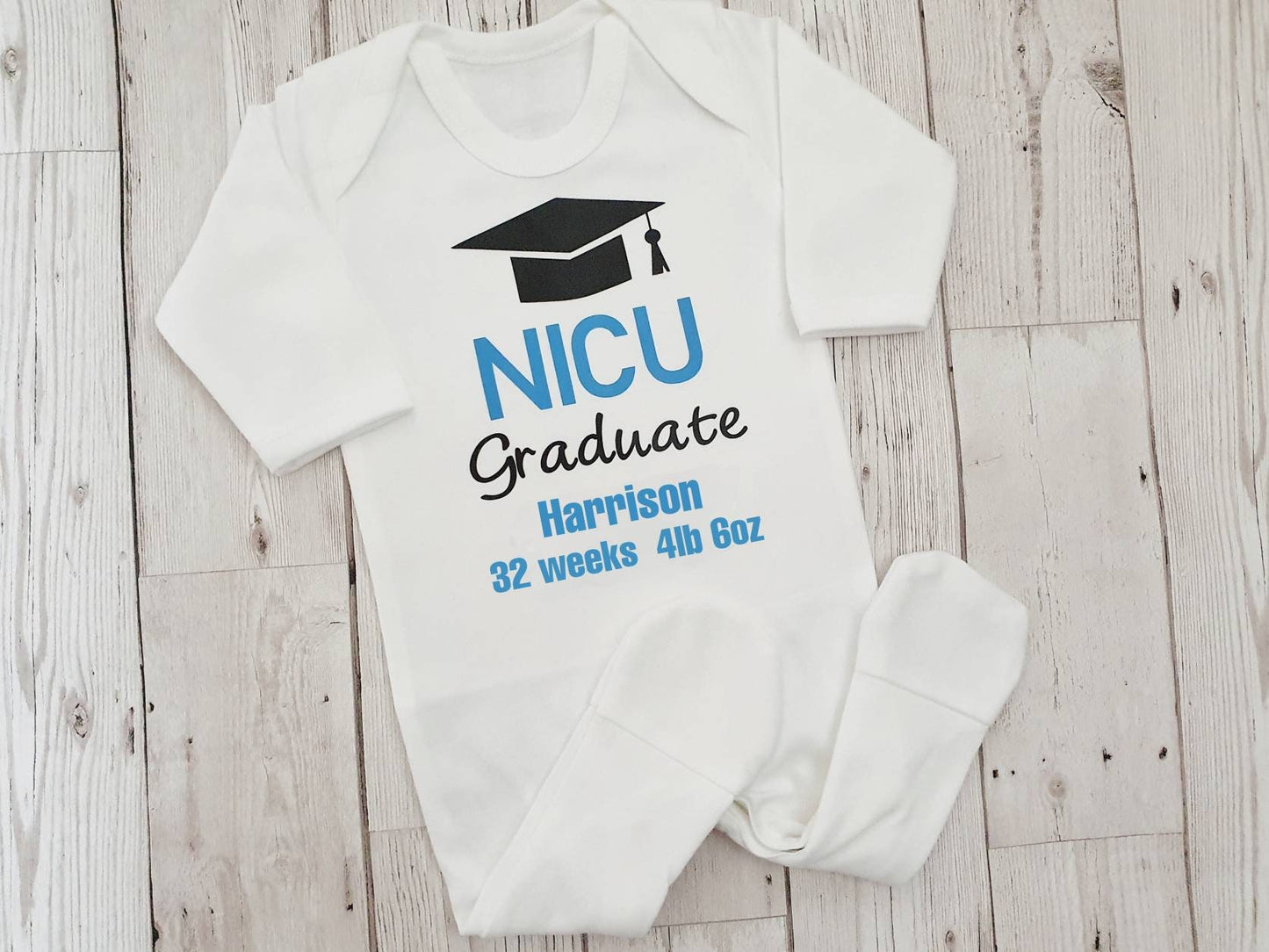 Personalised NICU Graduate Sleepsuit Newborn Premature Gift Preemie and Proud Baby Bodysuit Babygrow Name Weight Gestation Date