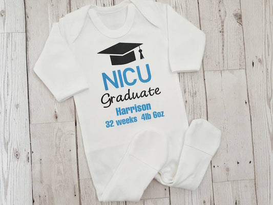 Personalised NICU Graduate Sleepsuit Newborn Premature Gift Preemie and Proud Baby Bodysuit Babygrow Name Weight Gestation Date