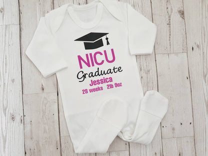 Personalised NICU Graduate Sleepsuit Newborn Premature Gift Preemie and Proud Baby Bodysuit Babygrow Name Weight Gestation Date