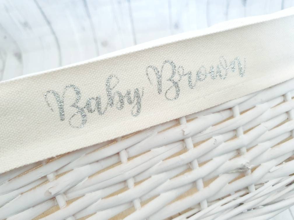 Personalised Baby Storage Basket White Wicker Cotton Liner Gift Nursery Decor Organiser Boy Girl Neutral Gift Hamper box Choice of Sizes