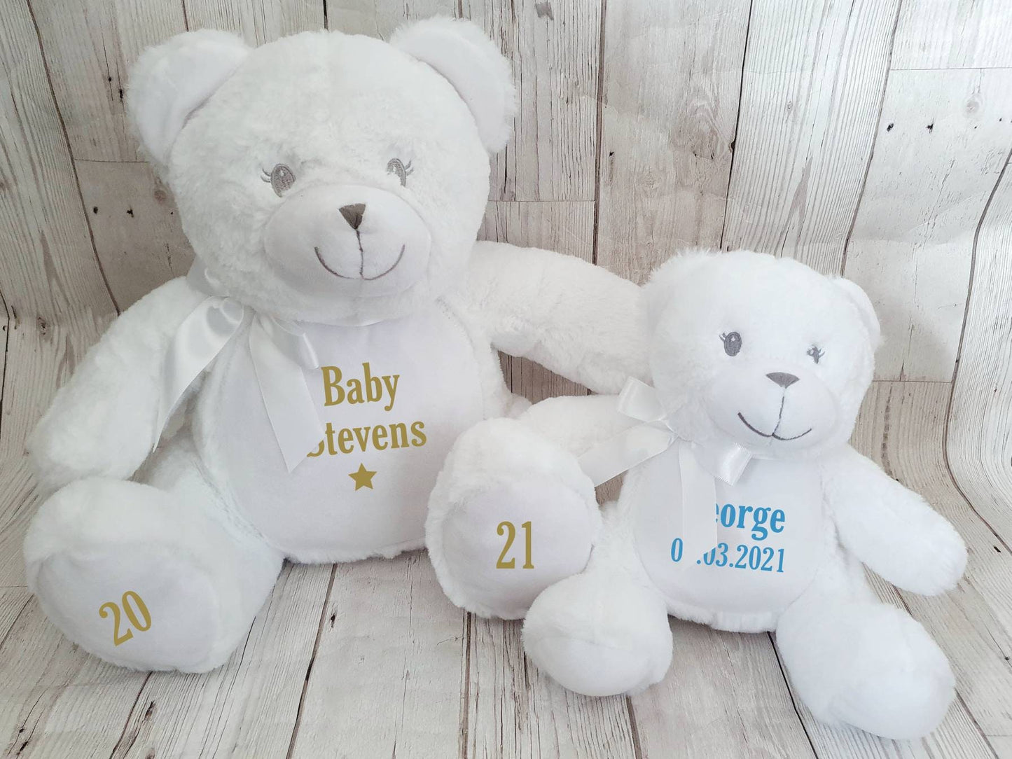 Personalised New Baby Gift Teddy Bear Soft Toy Baby Girl, Baby Boy Plush, Custom Name 1st Birthday, Christening 24cm or 40cm Pink Blue White