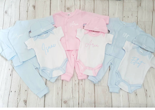 Personalised Triplet Baby Preemie Coming Home Outfit Premature Tiny Baby Newborn Gift Hat Bodysuit Top Trousers Set 3-5lb Blue Pink Cotton
