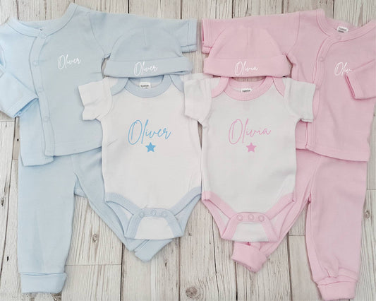Personalised Twin Baby Preemie Coming Home Outfit Premature Tiny Baby Newborn Gift Hat Bodysuit Top Trousers Set 3-5lb Blue Pink Cotton