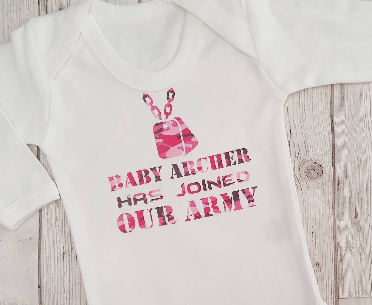 Personalised Camouflage New Baby First Outfit Just Joined Our Army Unisex Vest Boy Girl Gift Coming Home Romper Suit Newborn Cotton