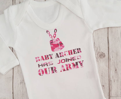 Personalised Camouflage New Baby First Outfit Just Joined Our Army Unisex Vest Boy Girl Gift Coming Home Romper Suit Newborn Cotton
