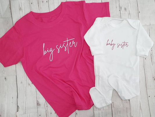 Big Sister Little Sister Matching T Shirt Sleepsuit Set Birth Announcement Coming Home Outfit First Baby Outfit Promoted Girl Sibling Top