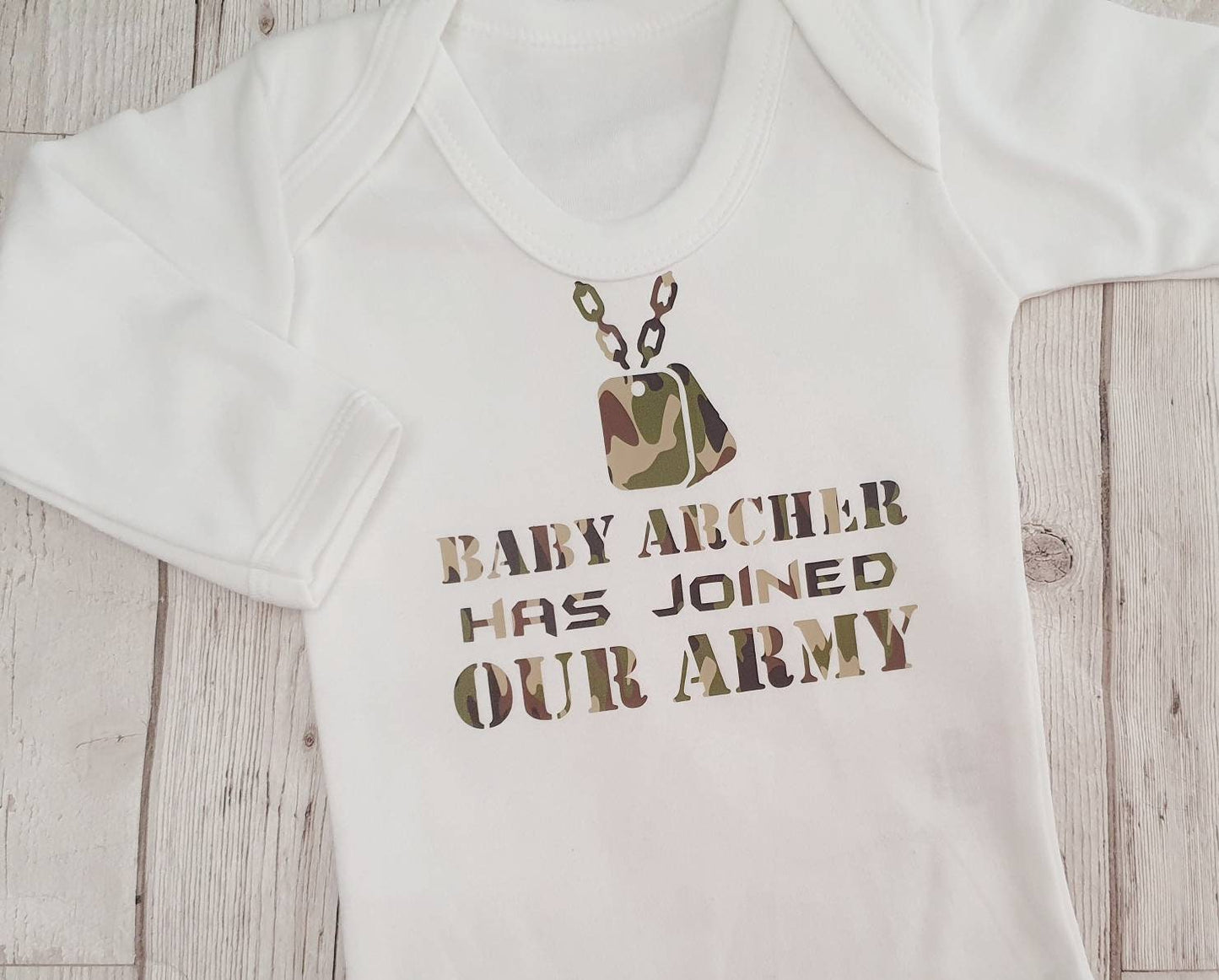 Personalised Camouflage New Baby First Outfit Just Joined Our Army Unisex Vest Boy Girl Gift Coming Home Romper Suit Newborn Cotton