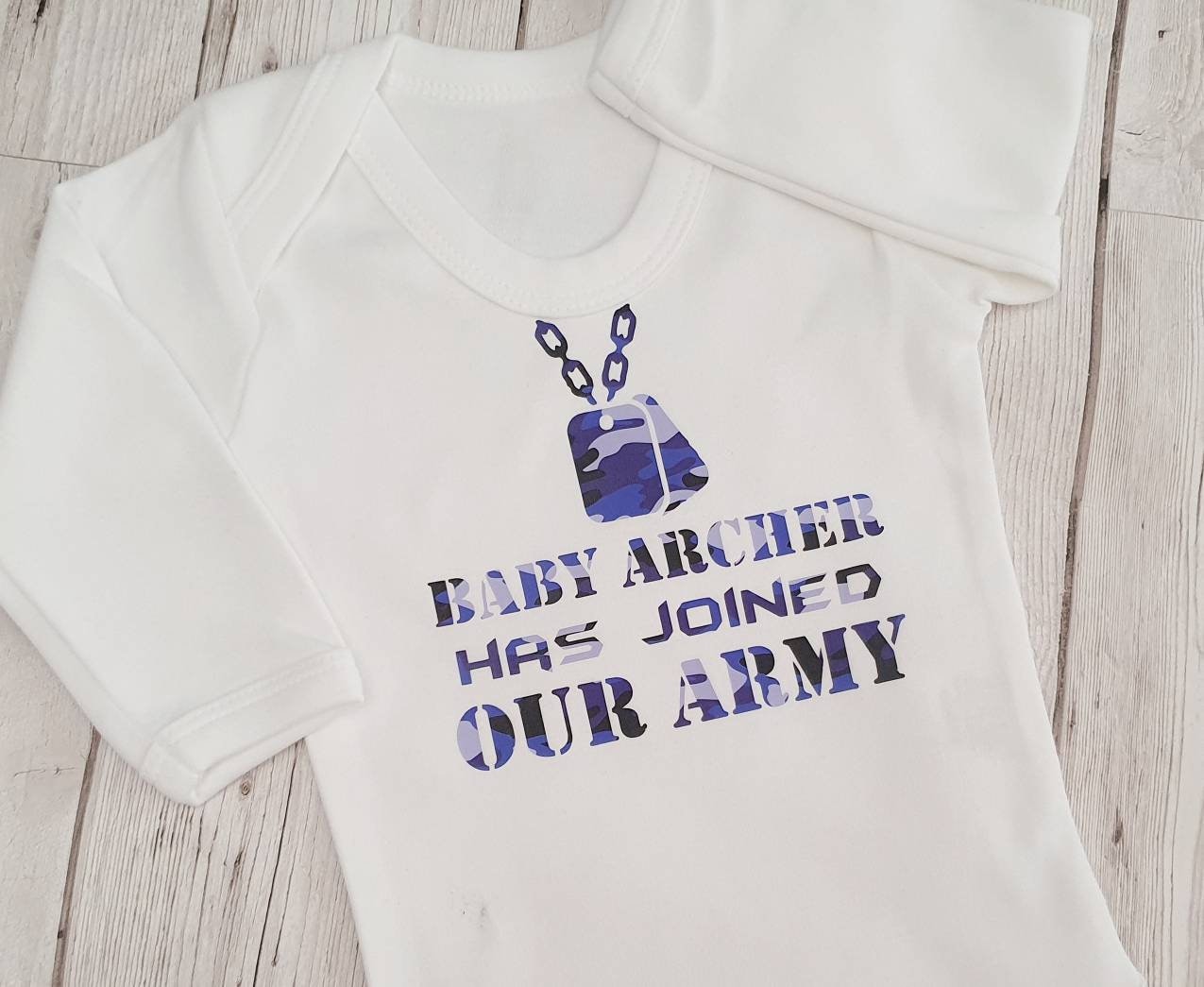 Personalised Camouflage New Baby First Outfit Just Joined Our Army Unisex Vest Boy Girl Gift Coming Home Romper Suit Newborn Cotton