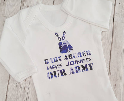 Personalised Camouflage New Baby First Outfit Just Joined Our Army Unisex Vest Boy Girl Gift Coming Home Romper Suit Newborn Cotton