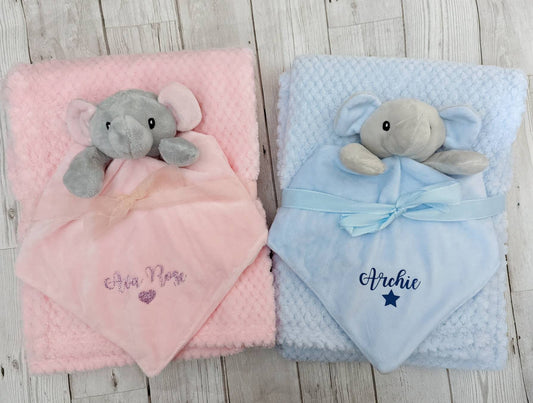 Personalised Comforter and Fluffy Blanket Baby Set Elephant Soft Toy Choice of Name Colour New Mum To Be Baby Shower Gift Maternity Leave