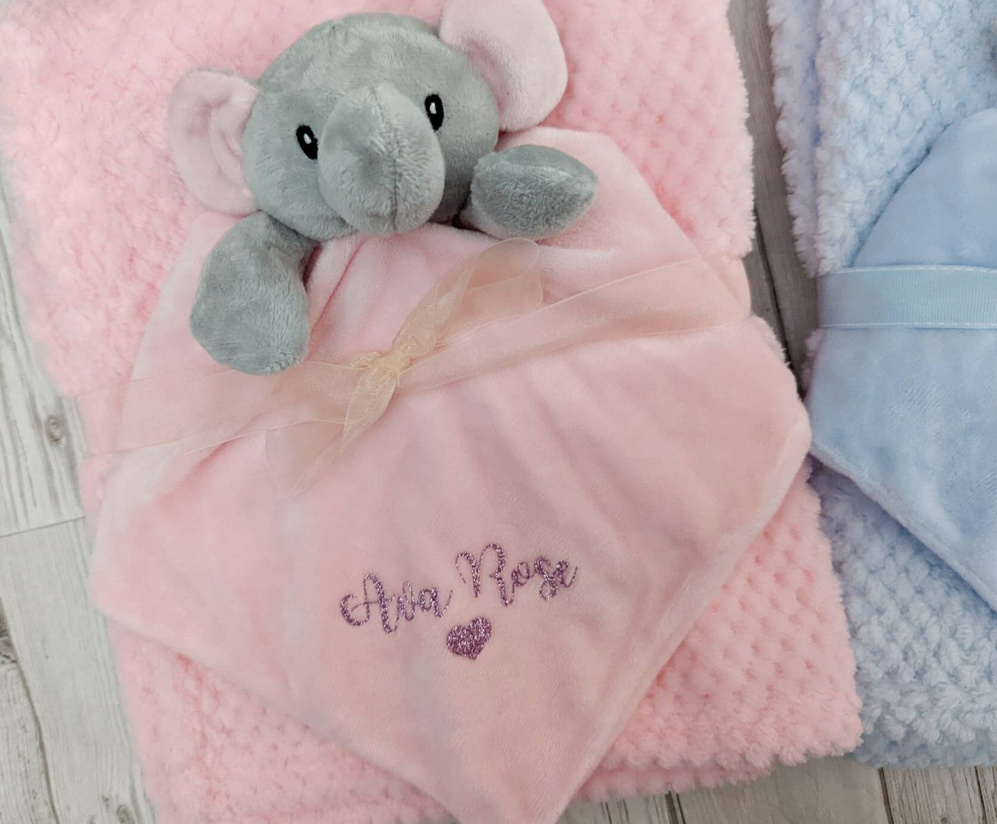 Personalised Comforter and Fluffy Blanket Baby Set Elephant Soft Toy Choice of Name Colour New Mum To Be Baby Shower Gift Maternity Leave