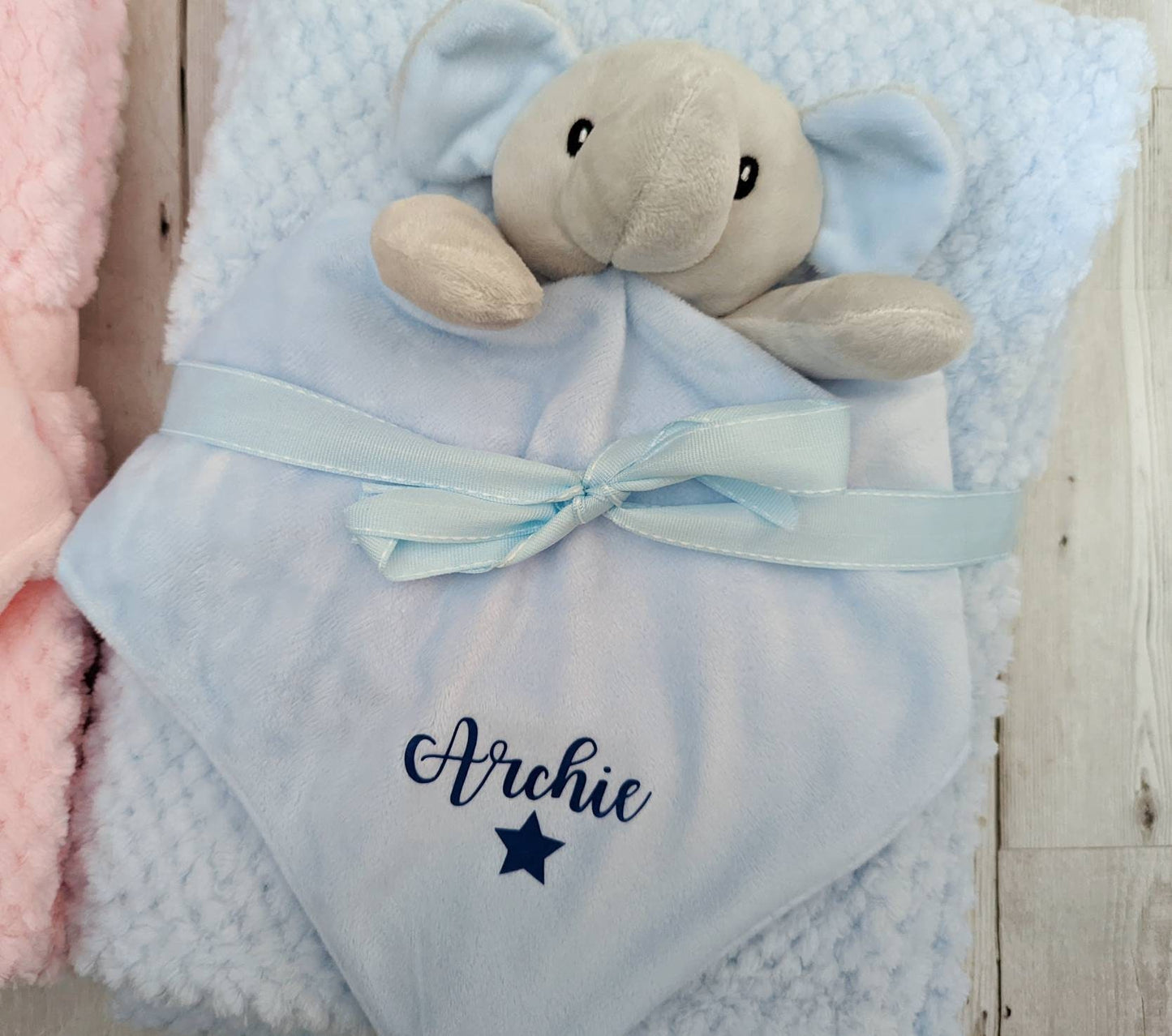 Personalised Comforter and Fluffy Blanket Baby Set Elephant Soft Toy Choice of Name Colour New Mum To Be Baby Shower Gift Maternity Leave