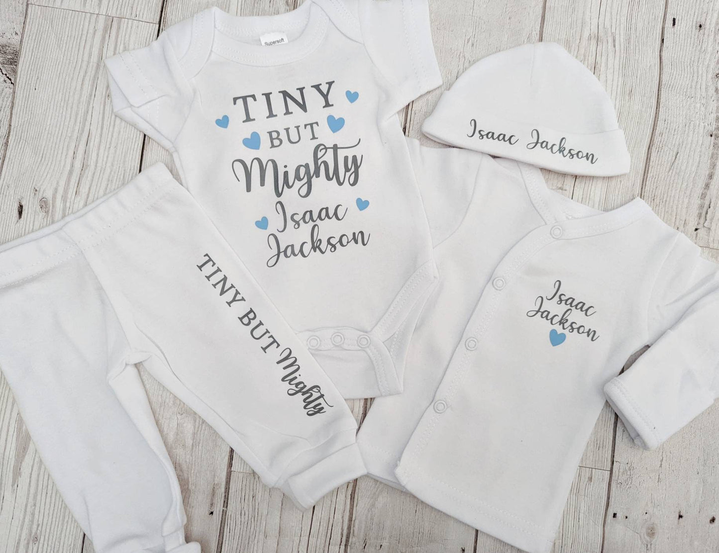Personalised Preemie Coming Home Outfit Tiny But Mighty Premature Baby Newborn Gift Hat Bodysuit Top Trousers Set 3-5lb White Cotton